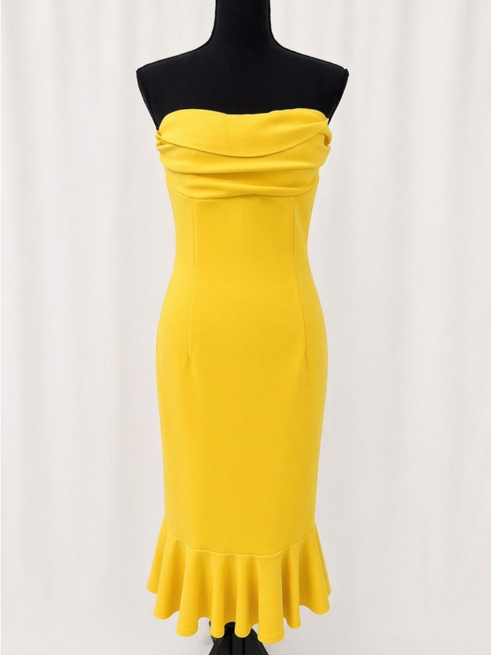 Gabrielle Union Yellow Strapless Midi Dress Derby Ruffle Hem Bodycon Size M - Picture 13 of 17